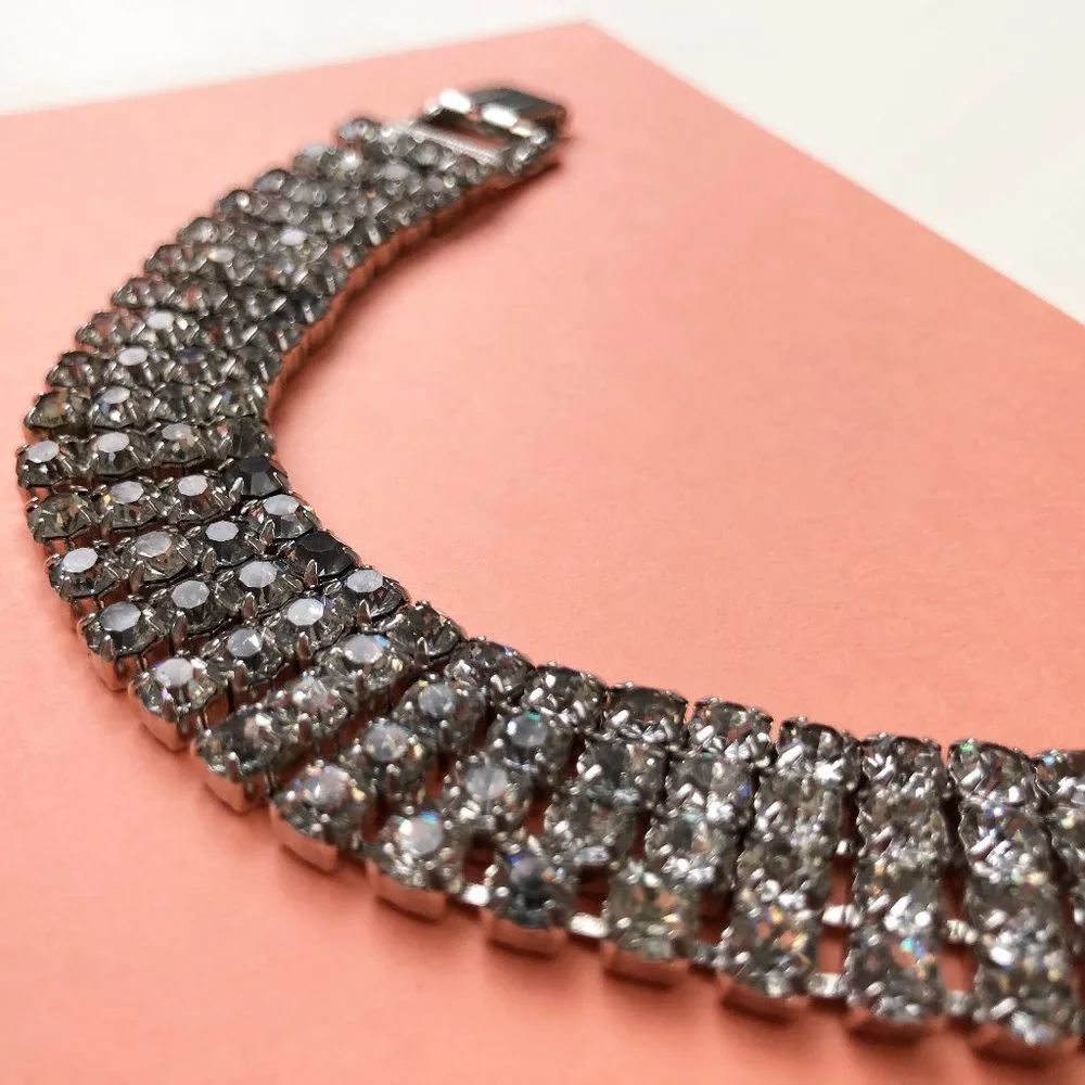 Wide rhinestone tennis bracelet, statement clear crystal bracelet 60s vintage